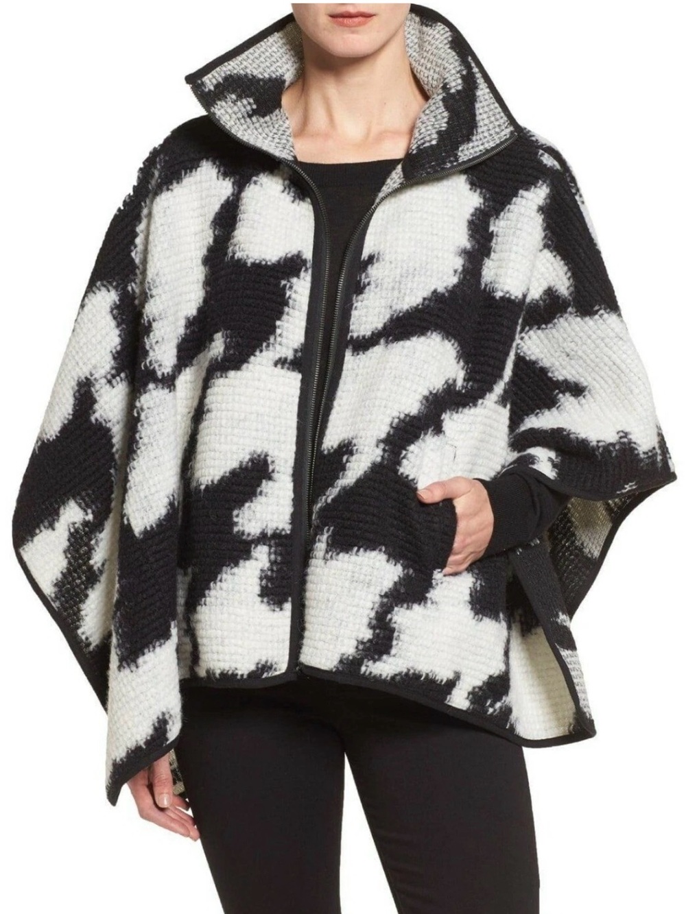 French Connection Black & White Zip Front Wool Blend Houndstooth Poncho Cape XS